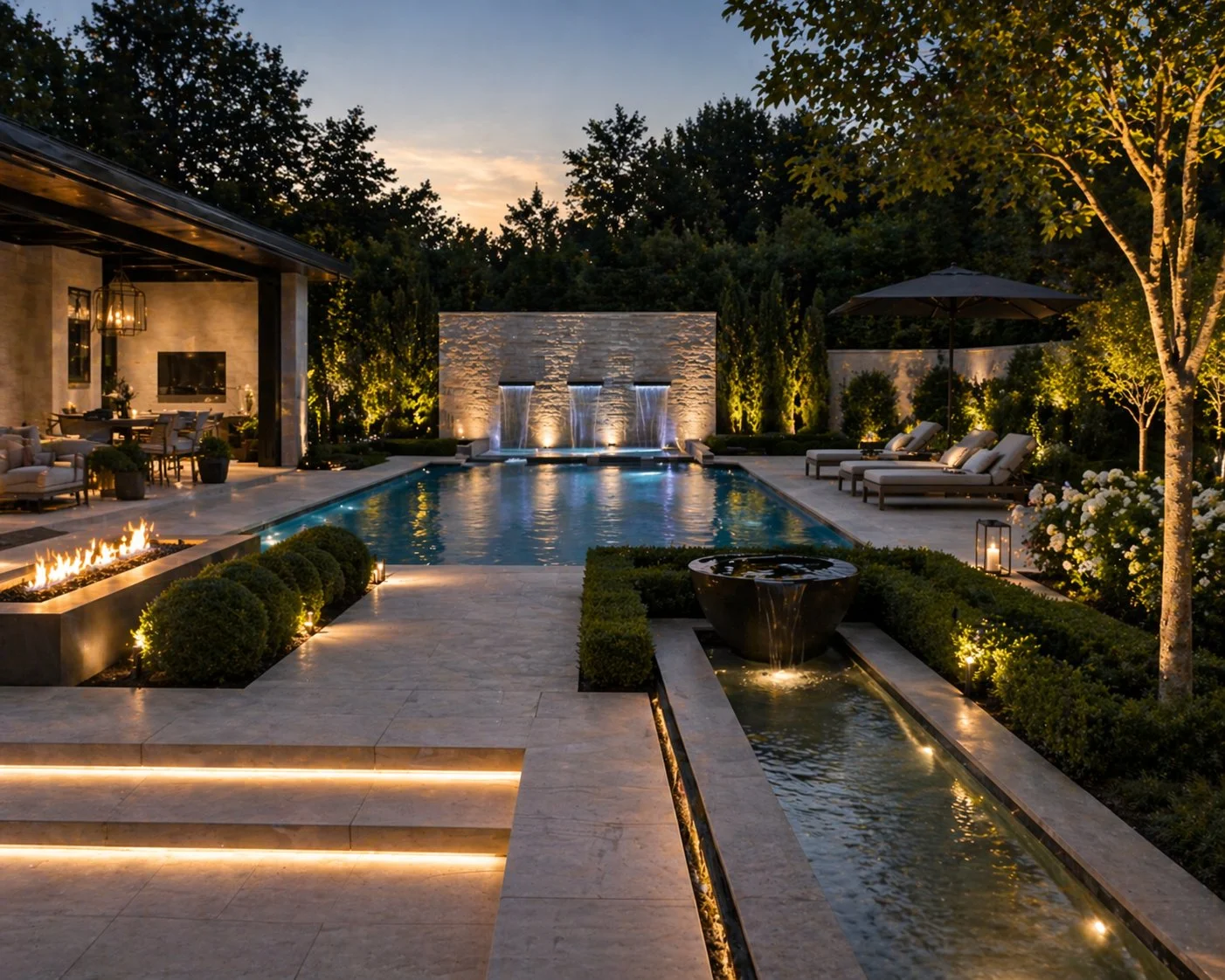 Luxury backyard aqua design with pool, water wall feature, and outdoor lighting by GreenCraft Landscaping