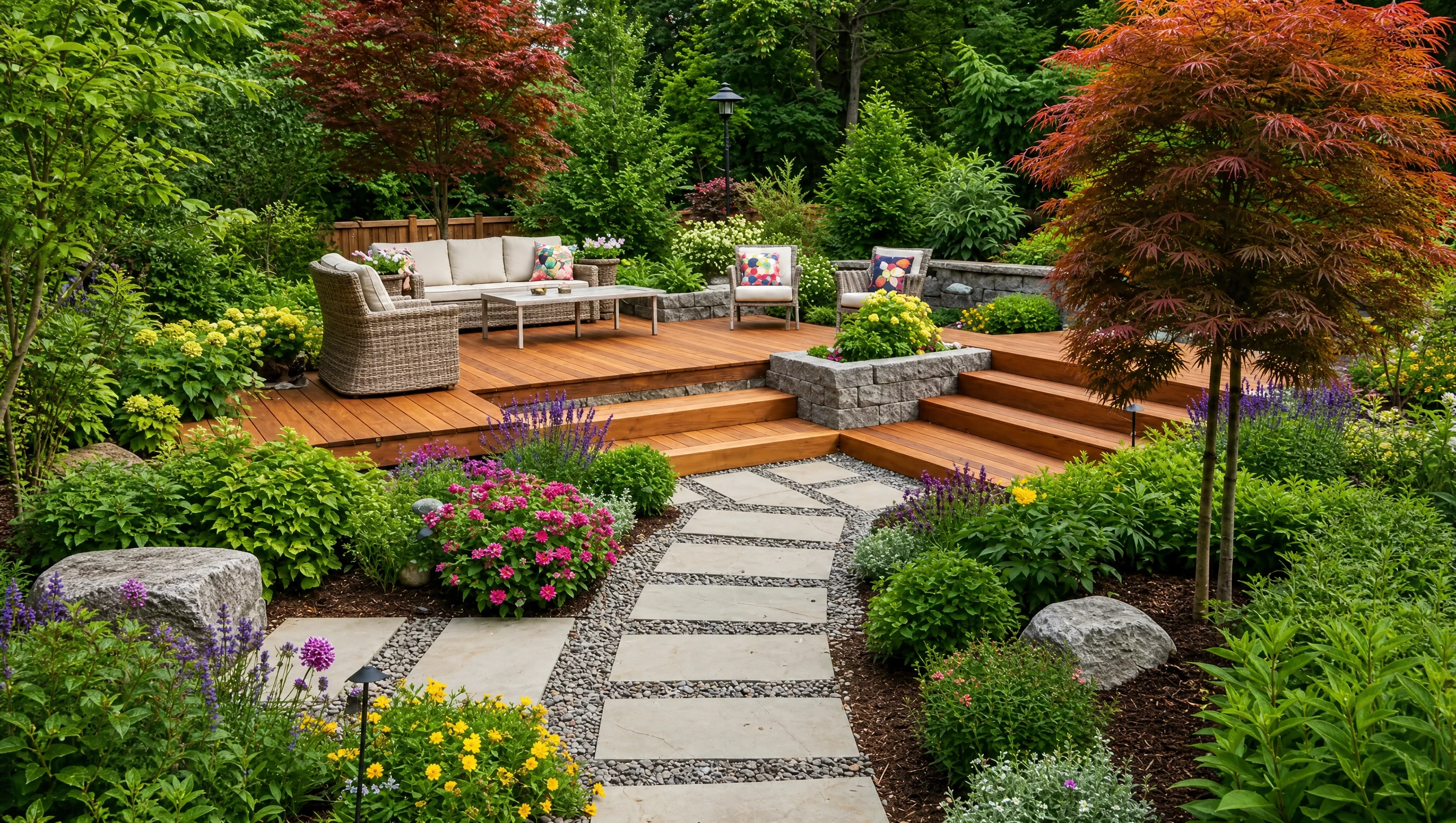 backyard landscaping with garden patio, stone walkway, flower beds, and lush green plants