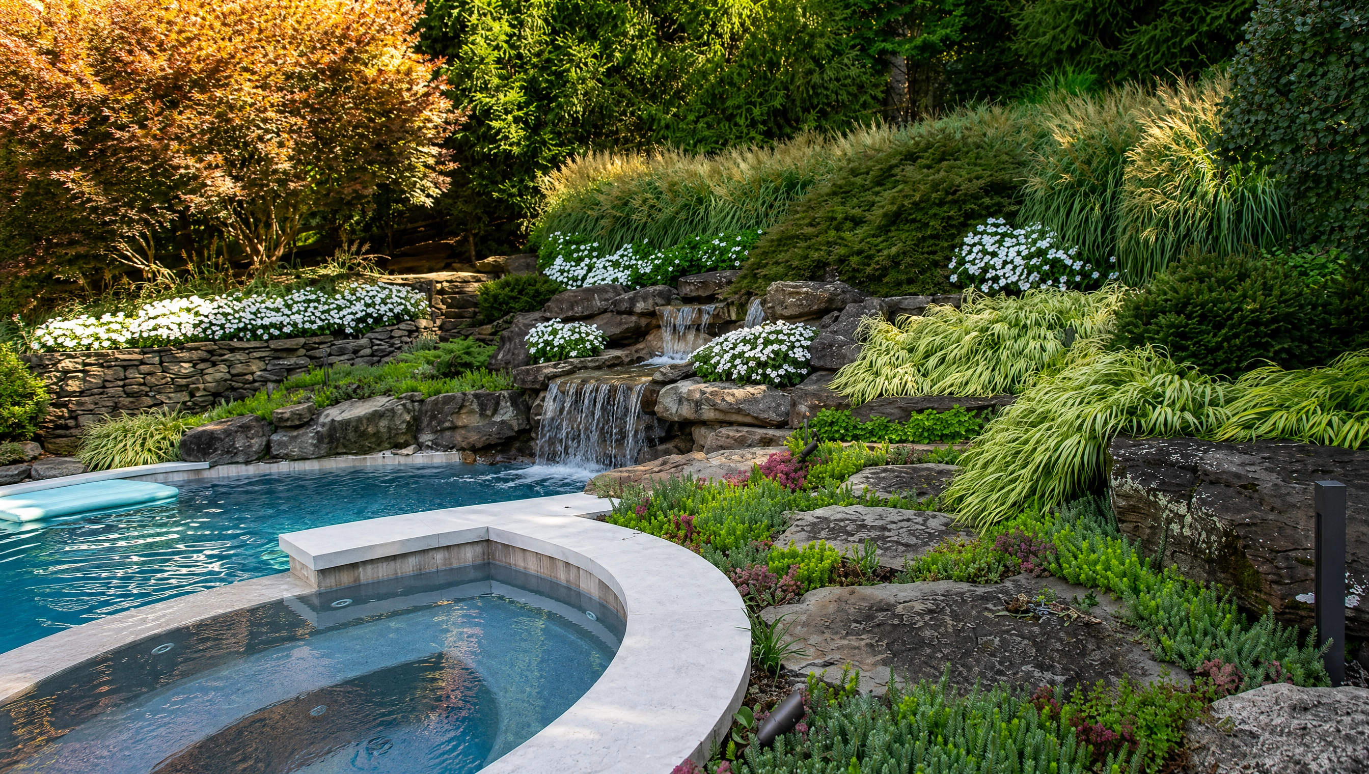 Natural rock waterfall cascading into a custom swimming pool surrounded by lush ornamental grasses and professional landscaping