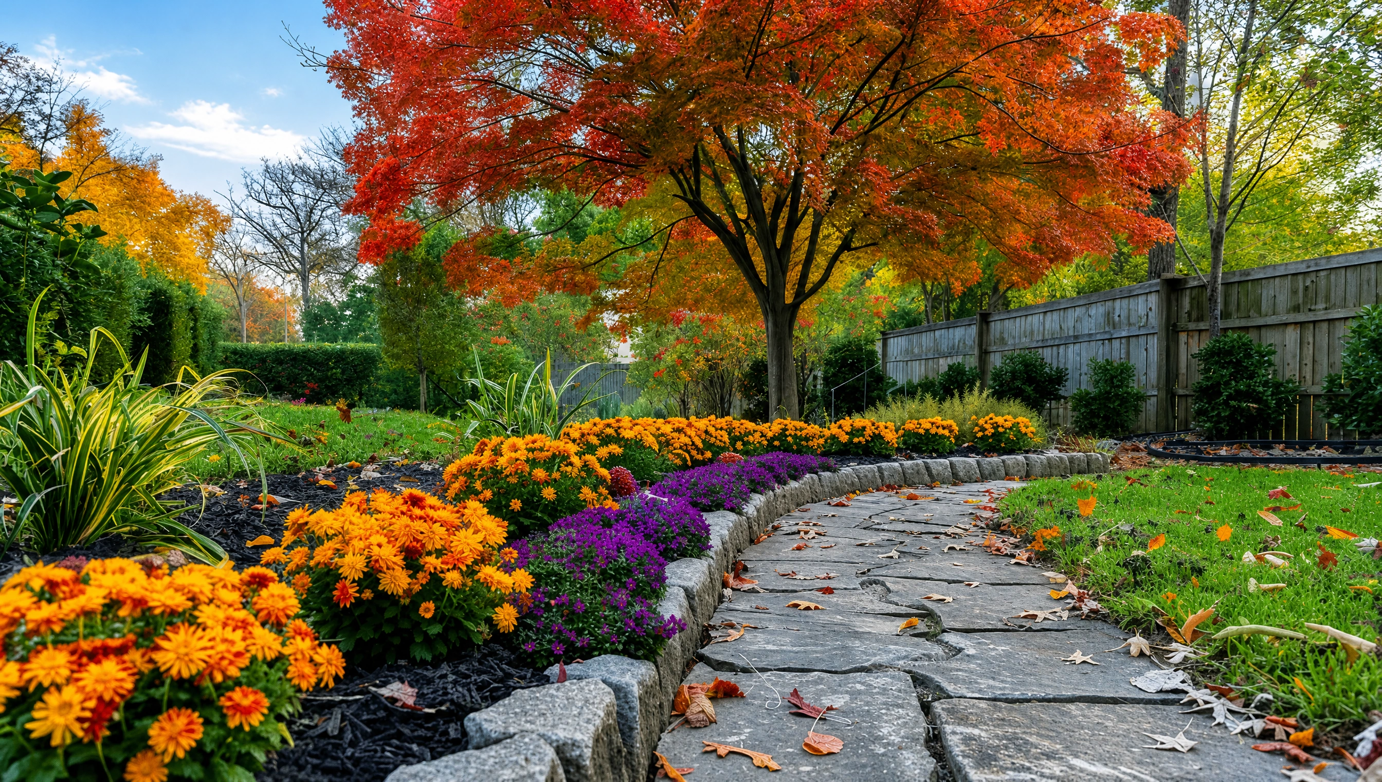 Stone pathway bordered by vibrant orange and purple fall flowers, black mulch garden beds, and a red maple tree in a professionally landscaped backyard