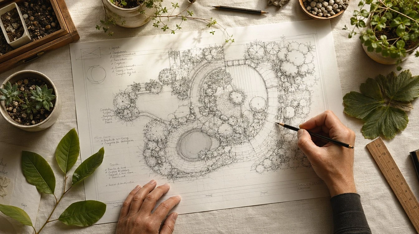 Landscape architect sketching a detailed garden design blueprint by hand, surrounded by plants and leaves on a linen workspace