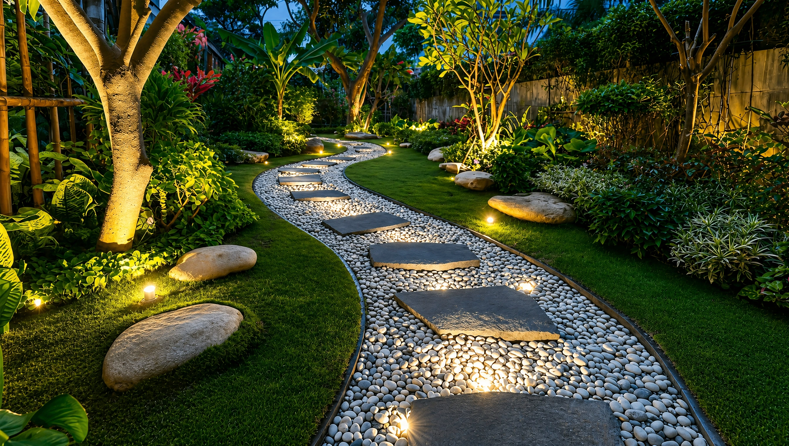 Illuminated winding garden pathway with slate stepping stones, white pebbles, and professional landscape lighting at night