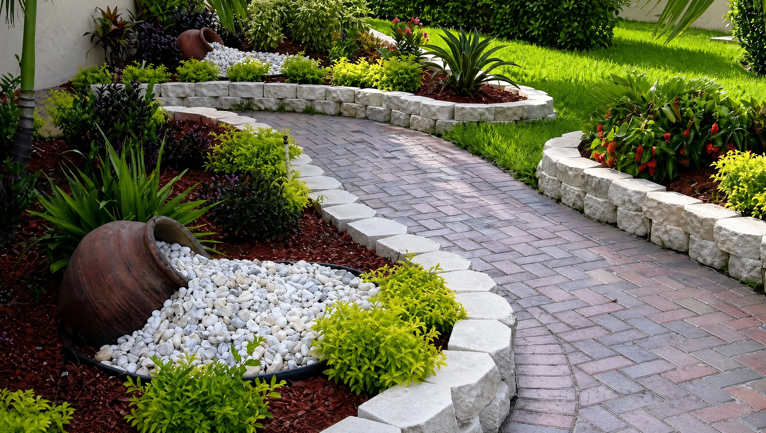 Curved brick paver pathway bordered by stone retaining walls, lush tropical plants, and red mulch garden beds in a professionally landscaped yard