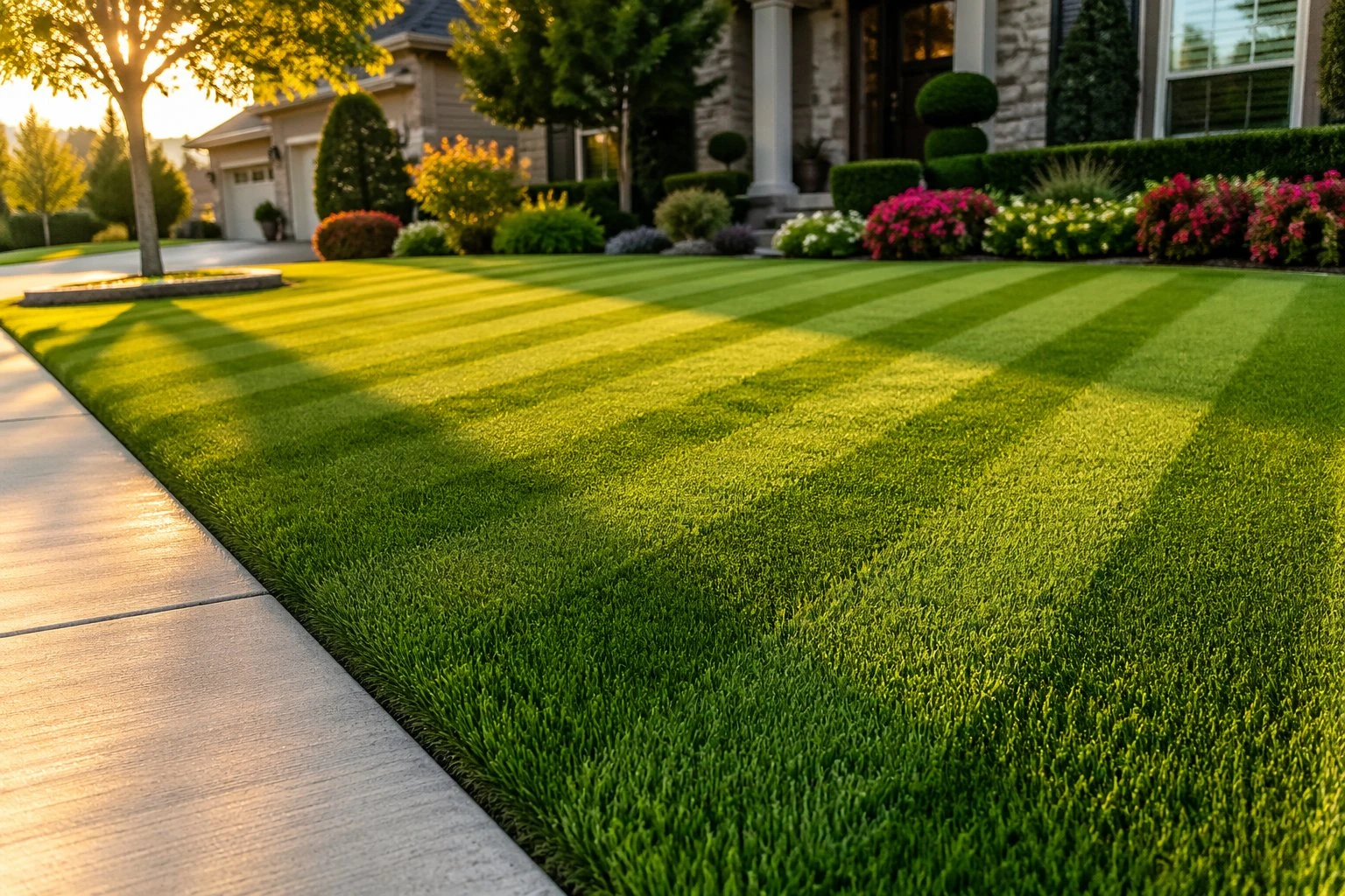Professionally striped front yard lawn with lush green grass, manicured landscaping, and colorful flower beds at golden hour