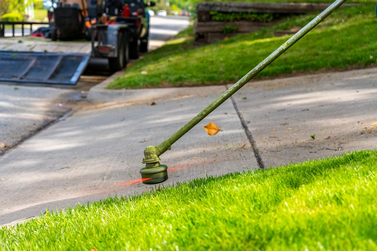Close-up of a string trimmer edging the border between a lush green lawn and a concrete sidewalk during a professional lawn care service
