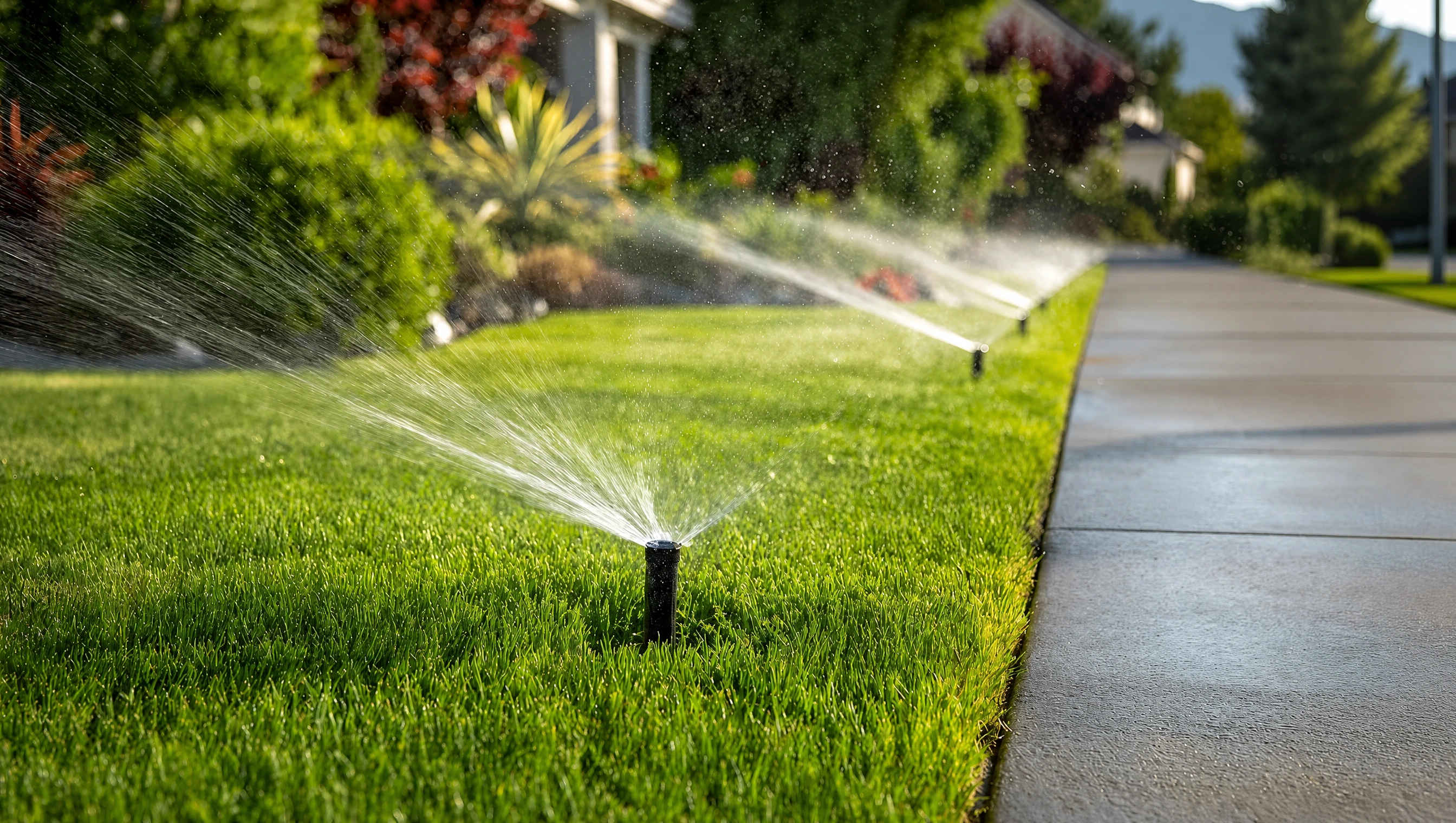 Automatic irrigation sprinkler system watering a lush green front yard lawn along a residential sidewalk