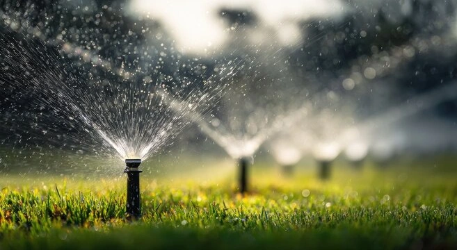 Close-up of automatic lawn sprinkler heads spraying water across a green grass lawn with bokeh background