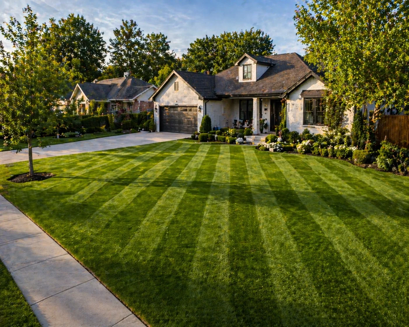 Professionally mowed front lawn with clean stripe patterns by GreenCraft Landscaping