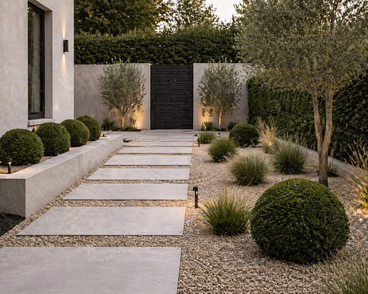 Modern minimalist garden design with concrete paver pathway and sculpted boxwood plants