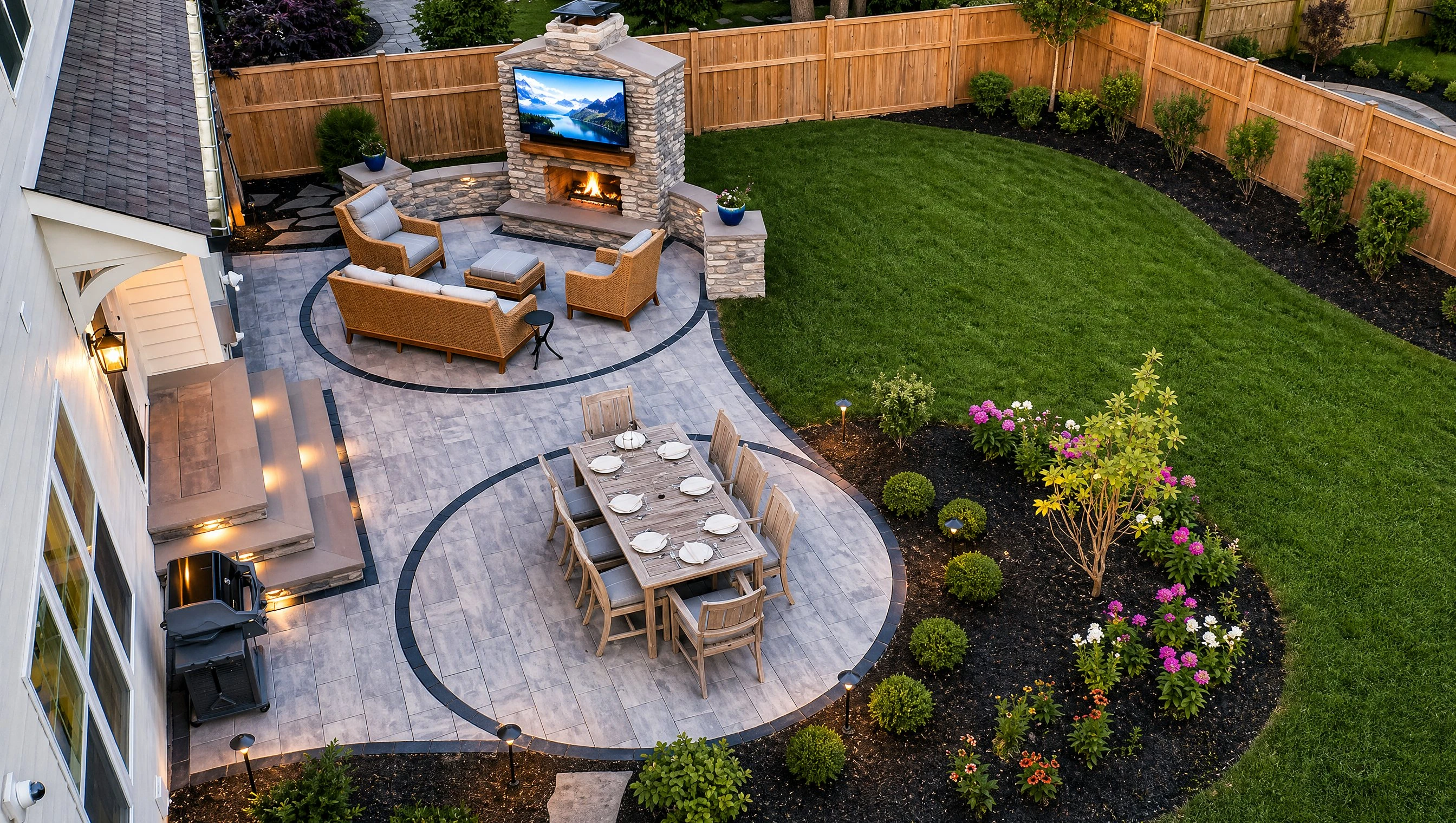 Aerial view of a custom designed backyard patio with an outdoor fireplace, dining area, manicured lawn, and professional landscaping