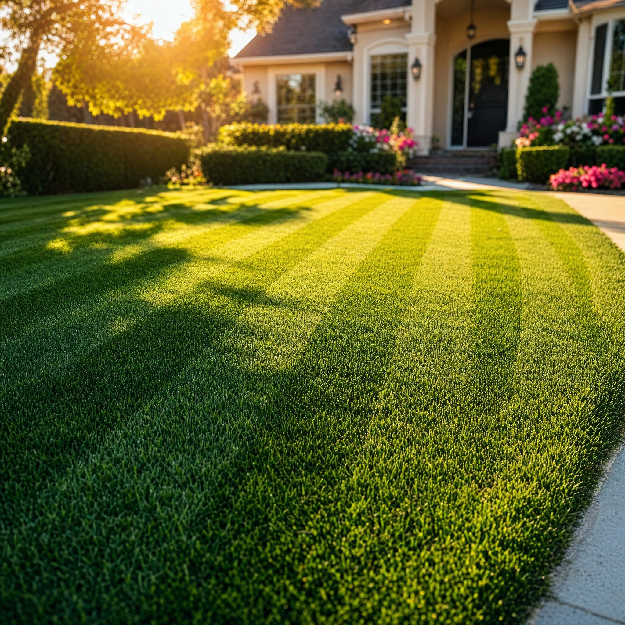 Freshly mowed residential lawn with clean mowing stripes at golden hour, showcasing professional precision lawn care service