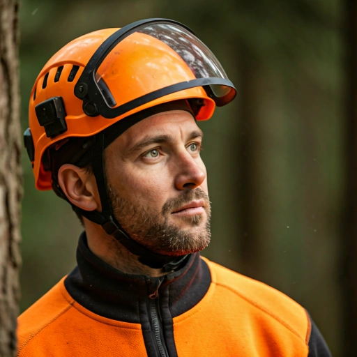 Professional arborist wearing an orange safety helmet and high-visibility gear in a wooded outdoor setting