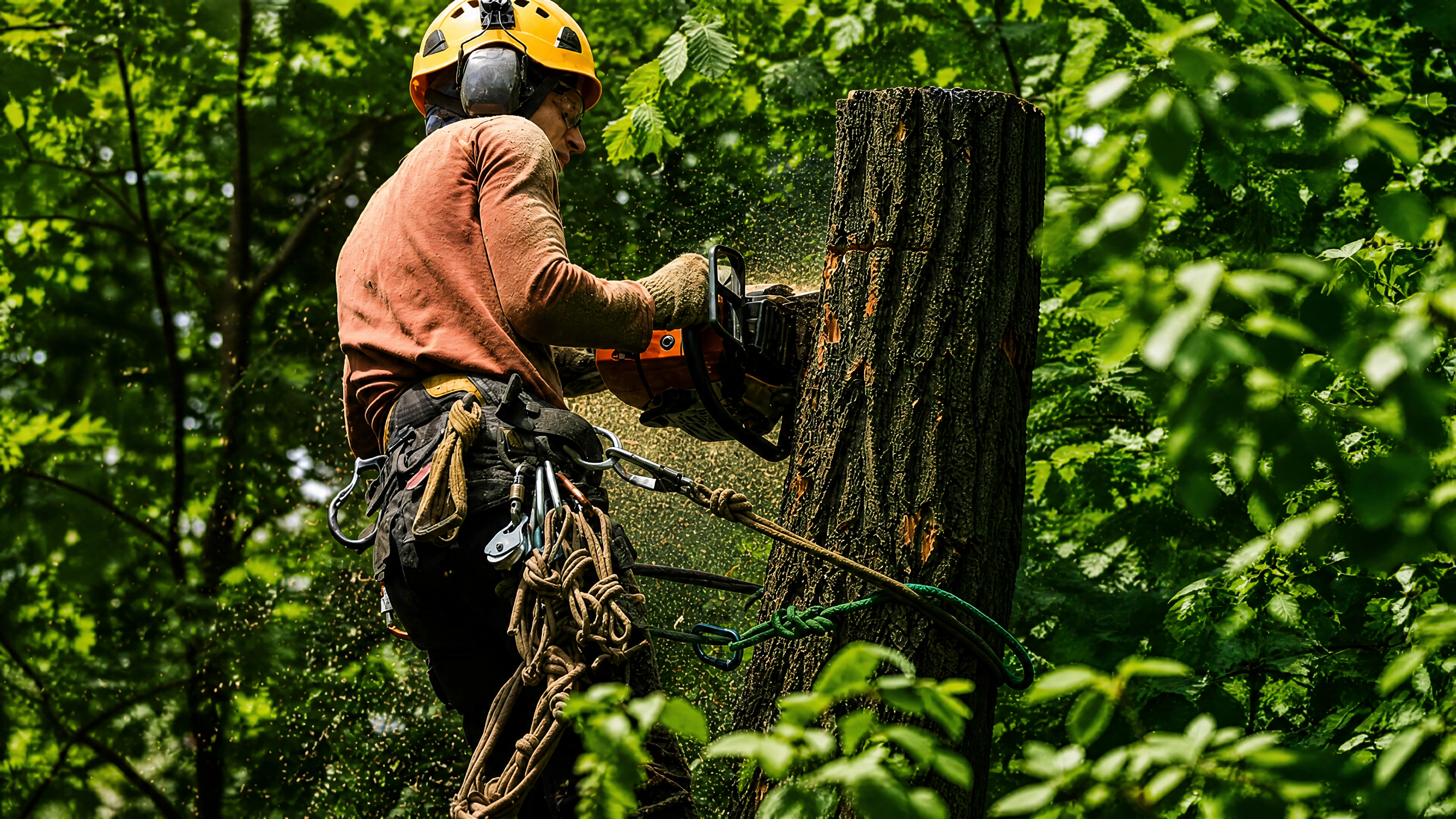 Certified arborist climbing and cutting large tree branches with a chainsaw wearing full safety gear and harness