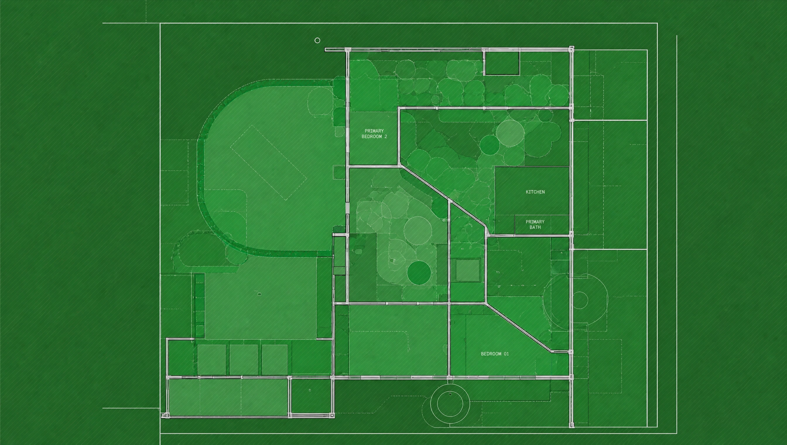 Green architectural blueprint of a residential landscape design plan showing garden layout, planting zones, and outdoor living areas