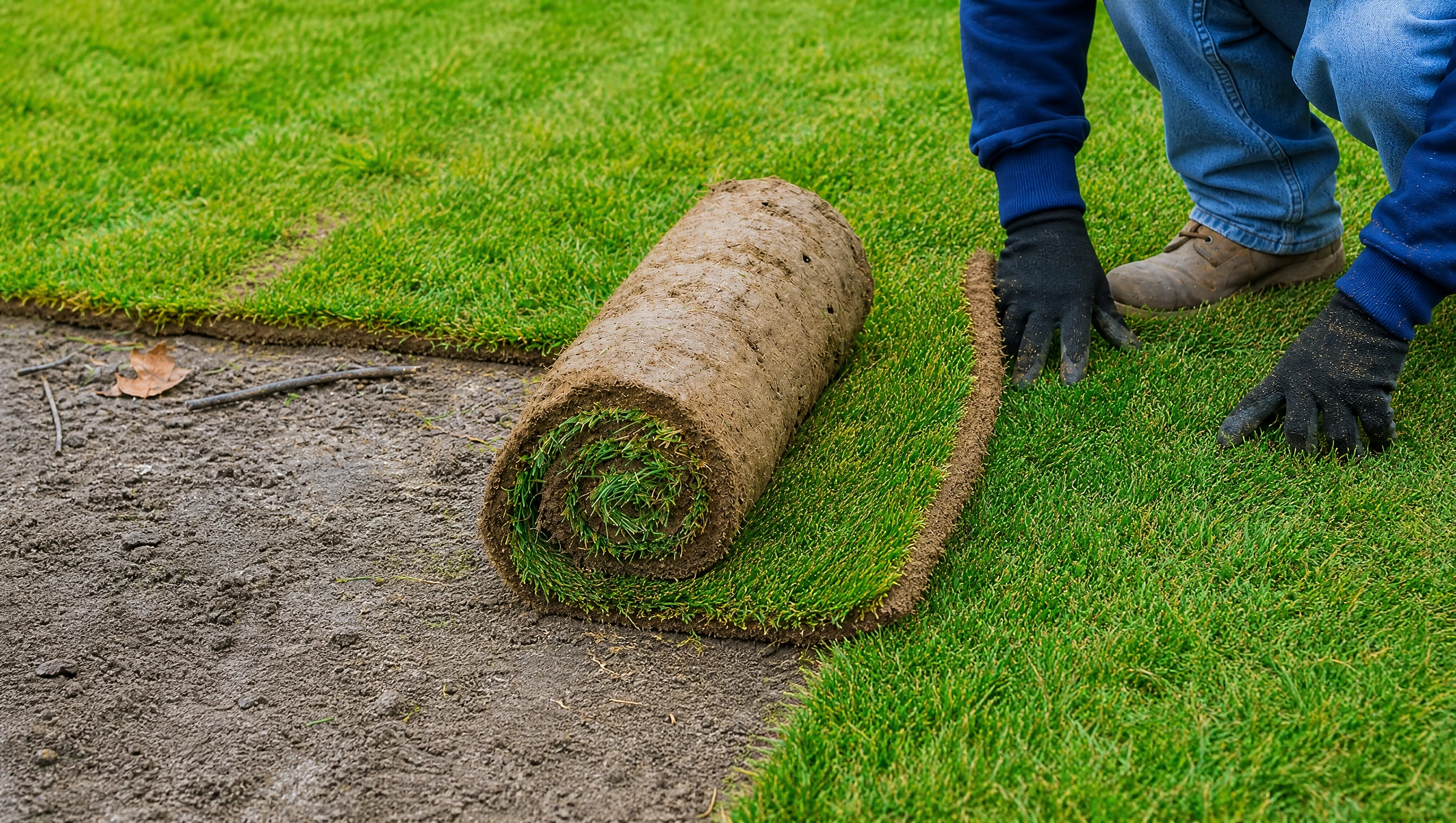 Landscaper in work gloves laying and unrolling fresh sod rolls onto bare soil during a professional lawn installation