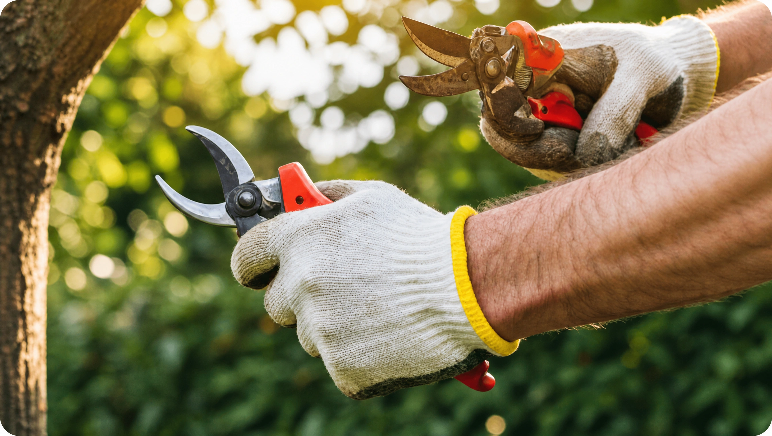Landscaper in work gloves holding pruning shears ready to trim and prune tree branches outdoors